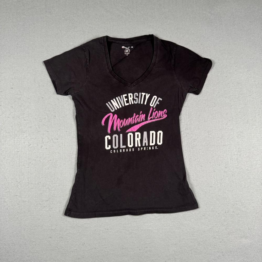 Champion University of Colorado Mountain Lions T-Shirt Womens Small Black V-Neck